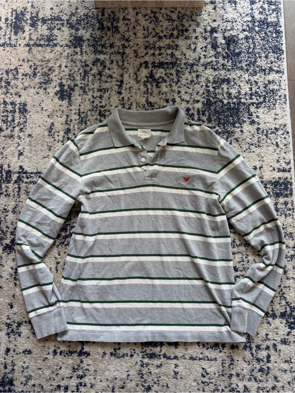 American Eagle Outfitters Long-Sleeve Striped Polo - Gray, Green & White